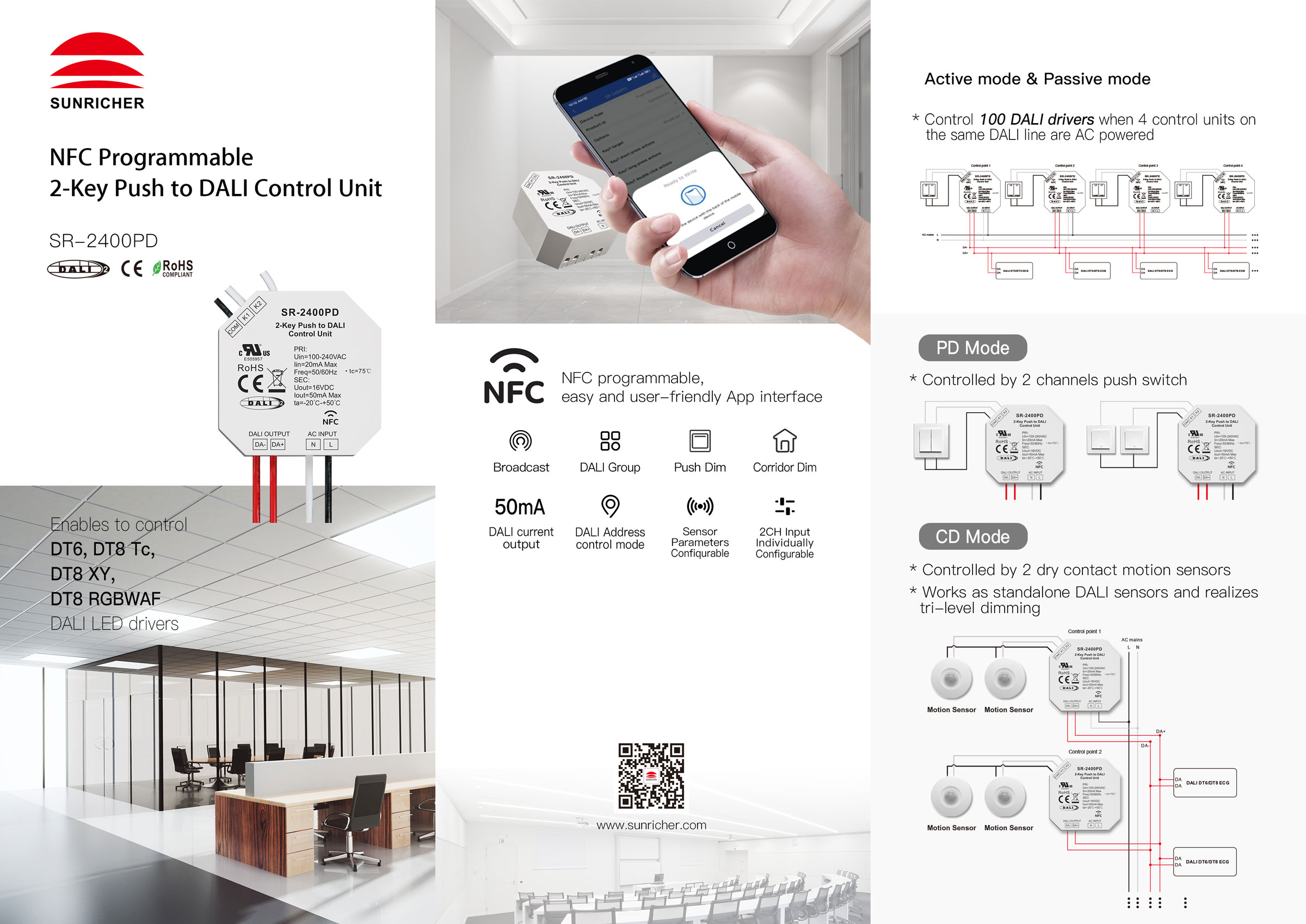 2-Key Push to DALI Control Unit DALI Push Button / Dry Contact Motion Sensor Coupler NFC Programmable SR-2400PD - Görsel 2