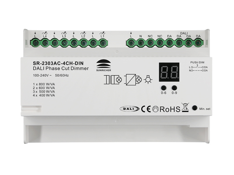 4 Channels DIN Rail DALI & Push Phase Dimmer SR-2303AC-4CH-DIN