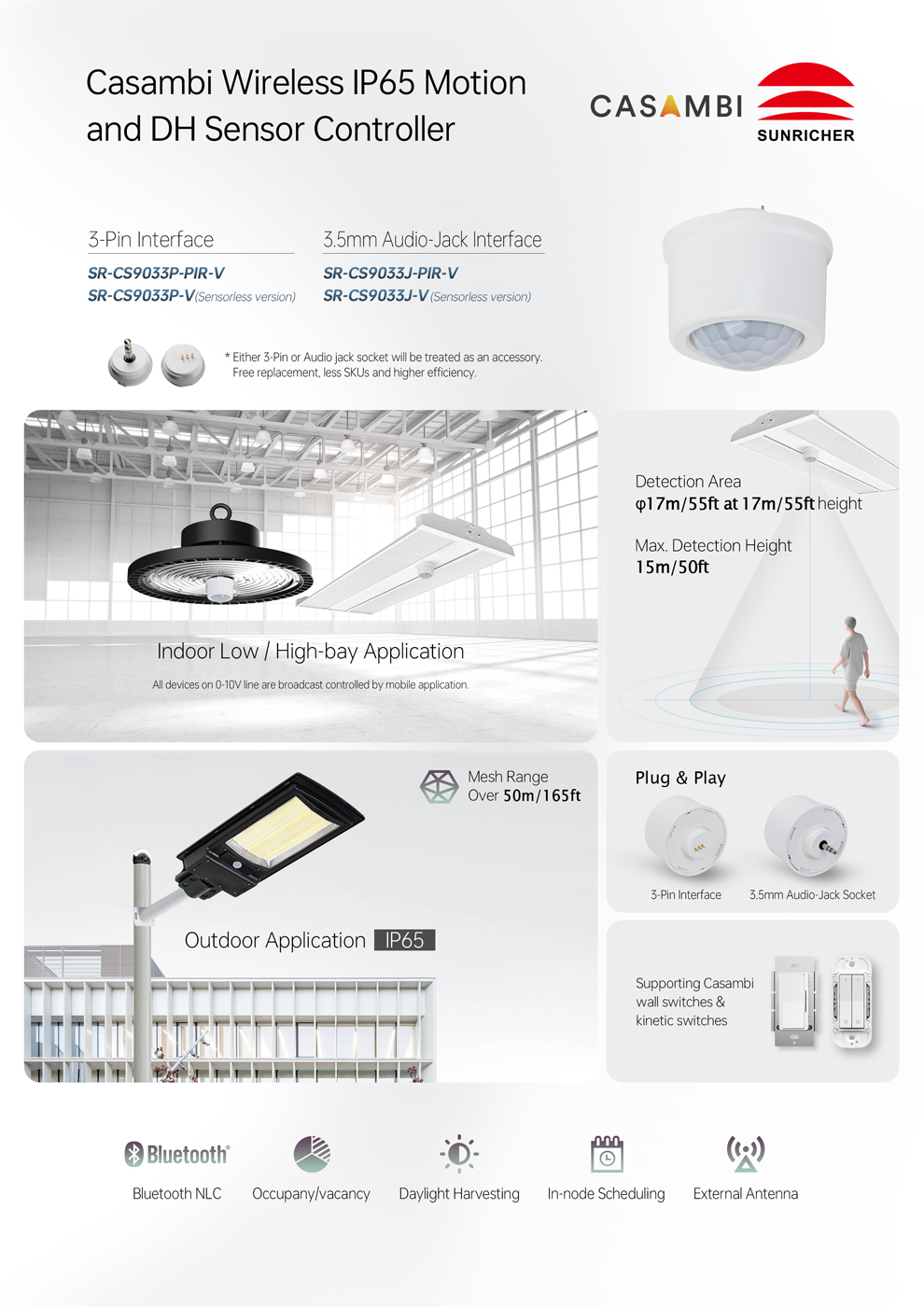Casambi Wireless IP65 Motion Sensor with 3.5mm Audio-Jack Interface SR-CS9033J-PIR-V - Image 2