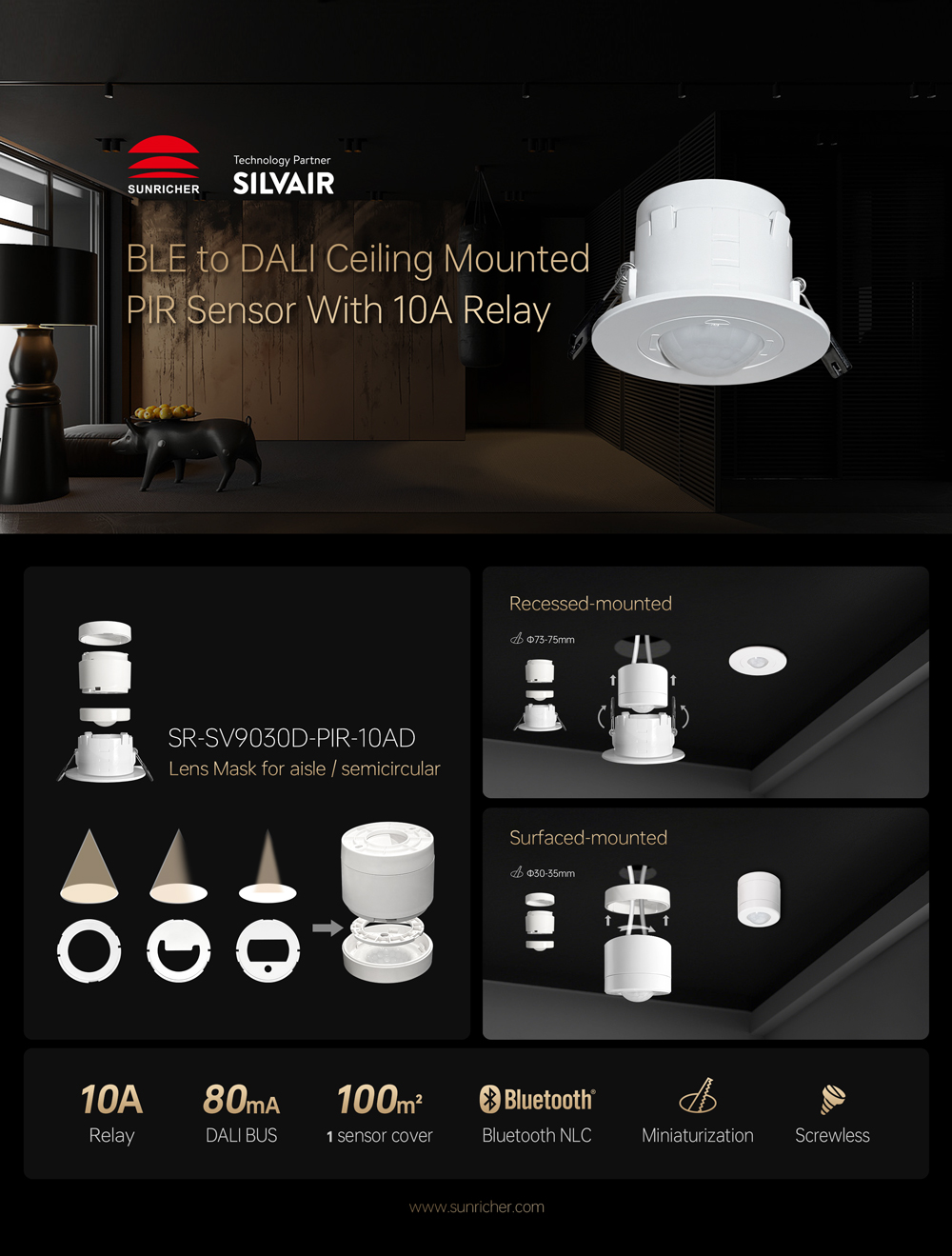 Bluetooth to DALI Ceiling Mounted AC Powered PIR Sensor SR-SV9030D-PIR-10AD - Image 2