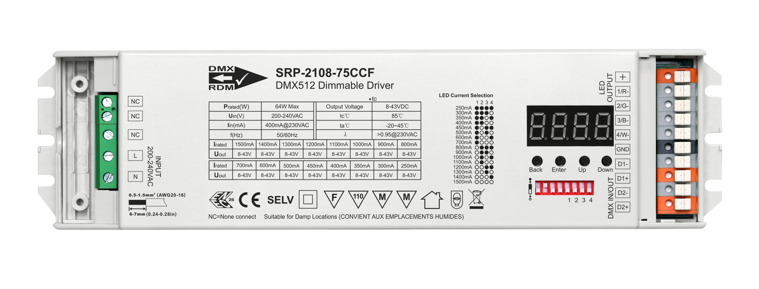 4 Channels DMX 75W Dimmable RGBW LED Driver SRP-2108-75CCF - Image 2