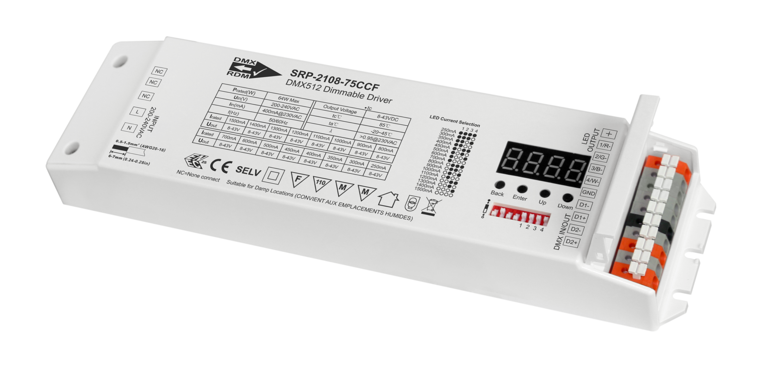4 Channels DMX 75W Dimmable RGBW LED Driver SRP-2108-75CCF - Image 3