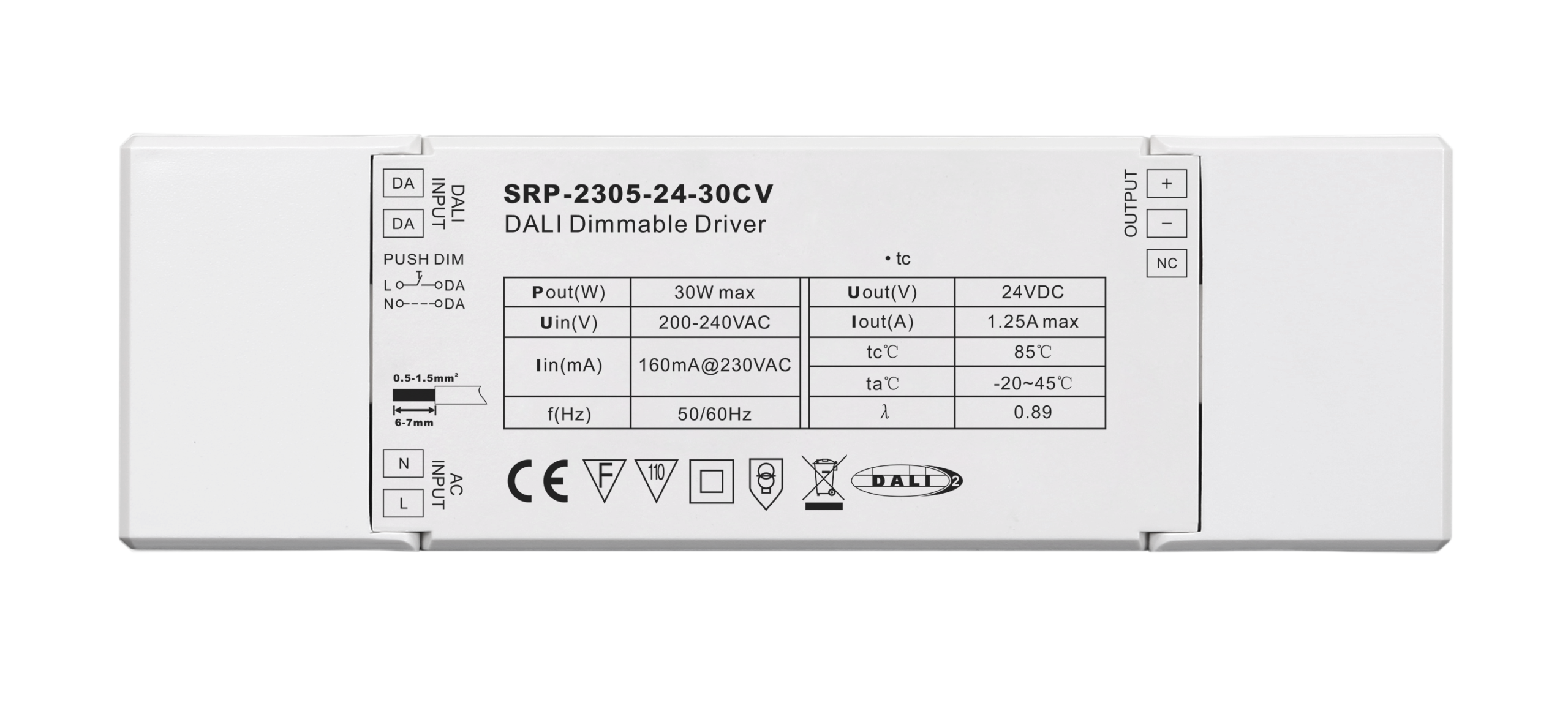 30W 1 Channel 24VDC DALI DT6 LED Constant Voltage Driver SRP-2305-24-30CV