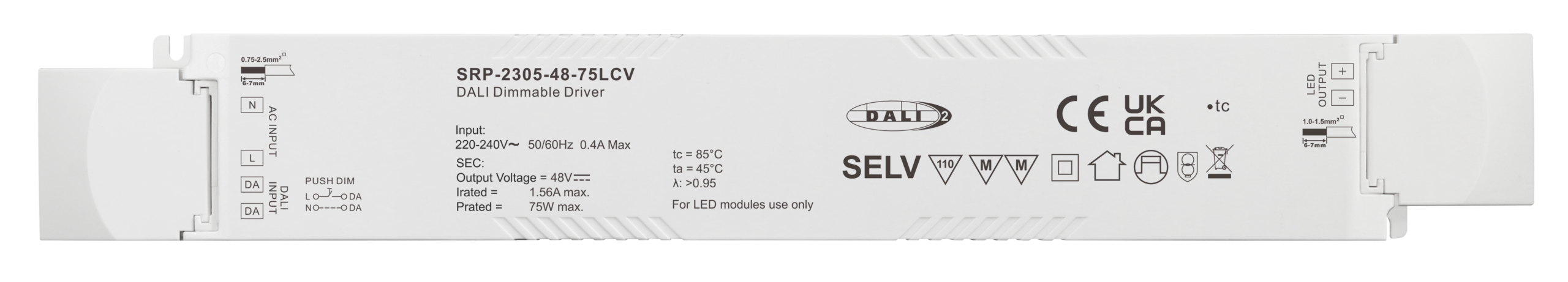 75W 1 Channel 48VDC DALI DT6 LED Constant Voltage Driver SRP-2305-48-75LCV