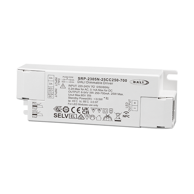25W NFC Programmable DALI DT6 LED Driver (Constant Current) SRP-2305N-25CC250-700