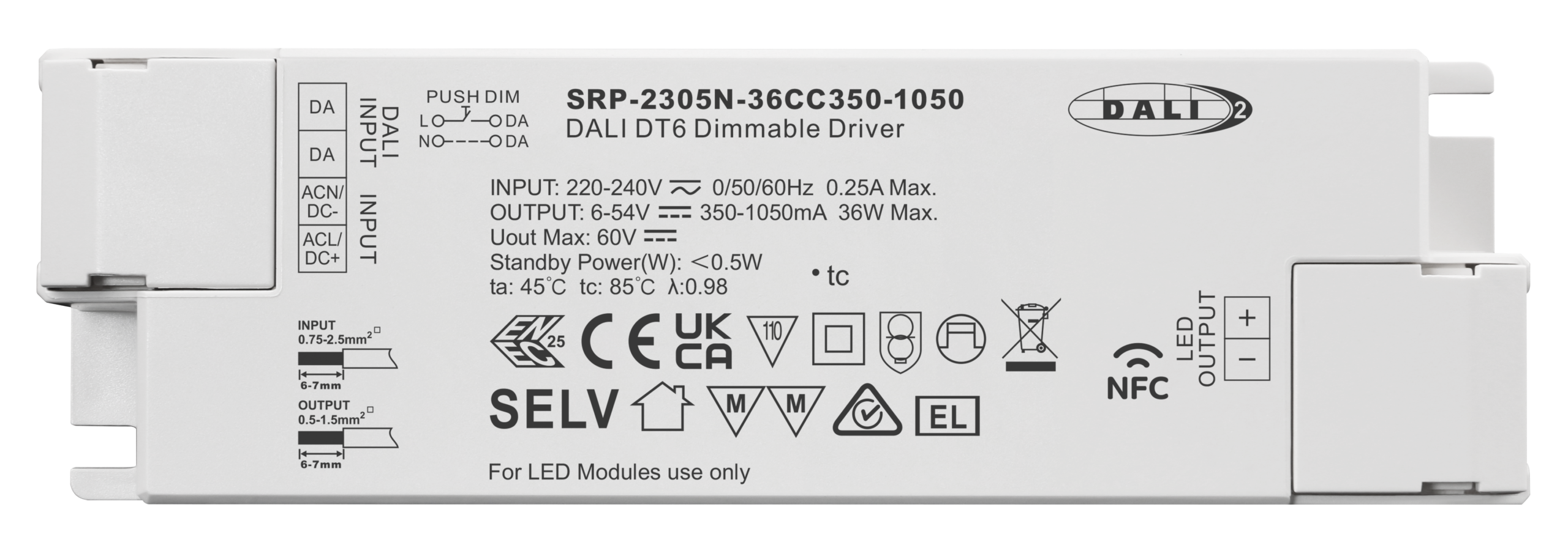 36W NFC Programmable DALI DT6 LED Driver (Constant Current) SRP-2305N-36CC350-1050