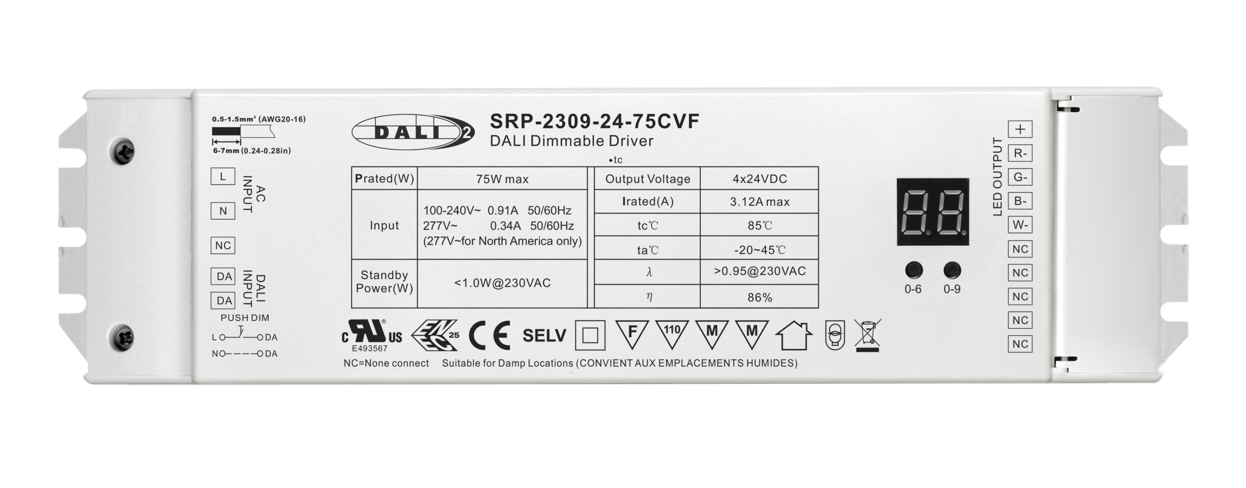 75W 4 Channels 24VDC DALI DT8 LED Constant Voltage Driver SRP-2309-24-75CVF