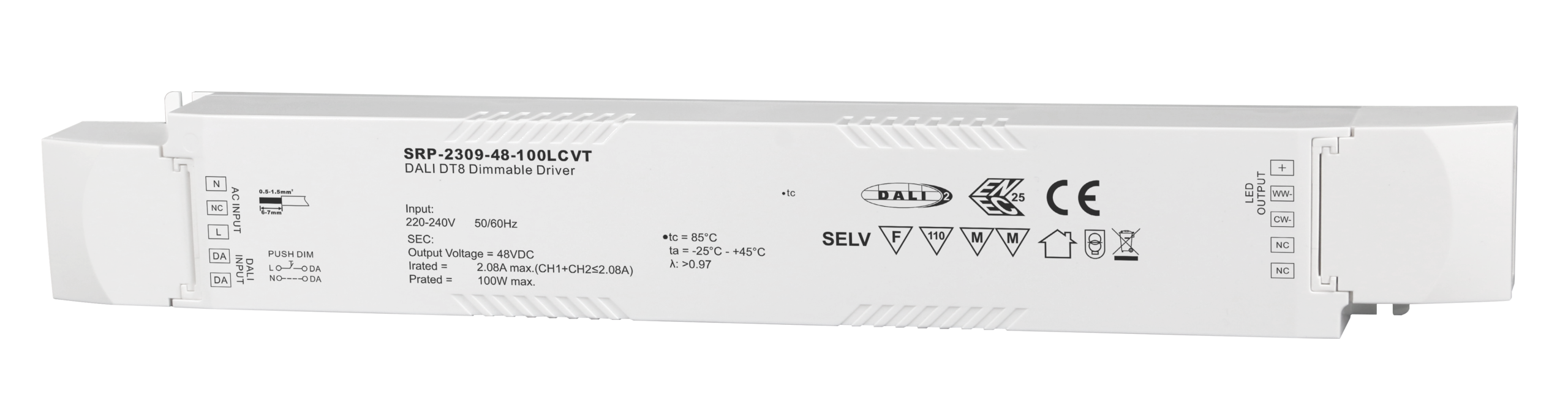 100W 2 Channels 48VDC DALI DT8 LED Constant Voltage Driver SRP-2309-48-100LCVT
