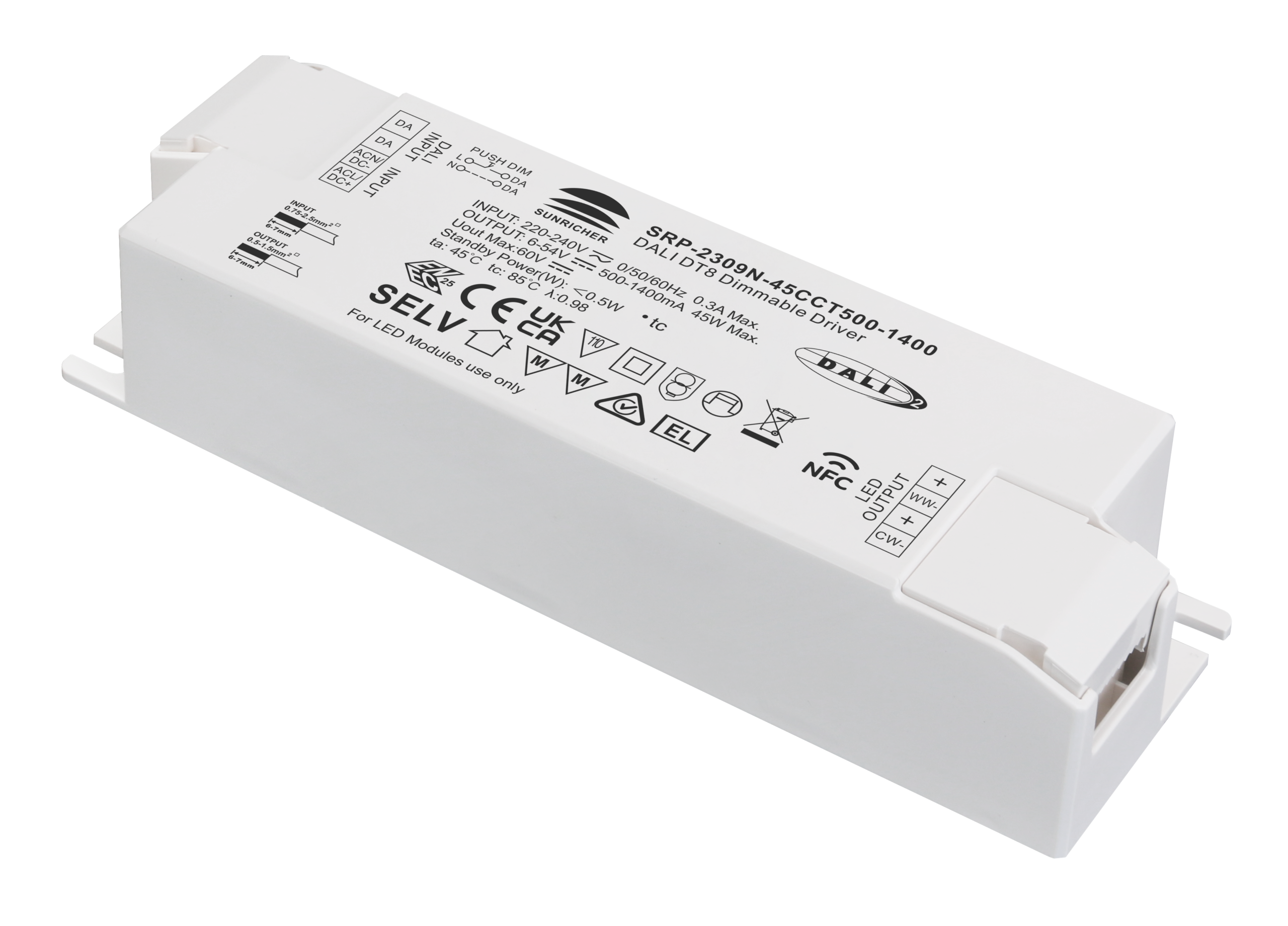 45W NFC Programmable DALI DT8 LED Driver (Constant Current) SRP-2309N-45CCT500-1400