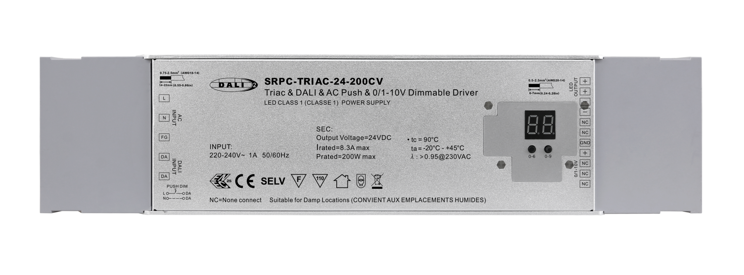 200W 24VDC DALI DT6 Triac Constant Voltage Dimmable Driver With 4 Dimming Interfaces In 1 SRPC-TRIAC-24-200CV