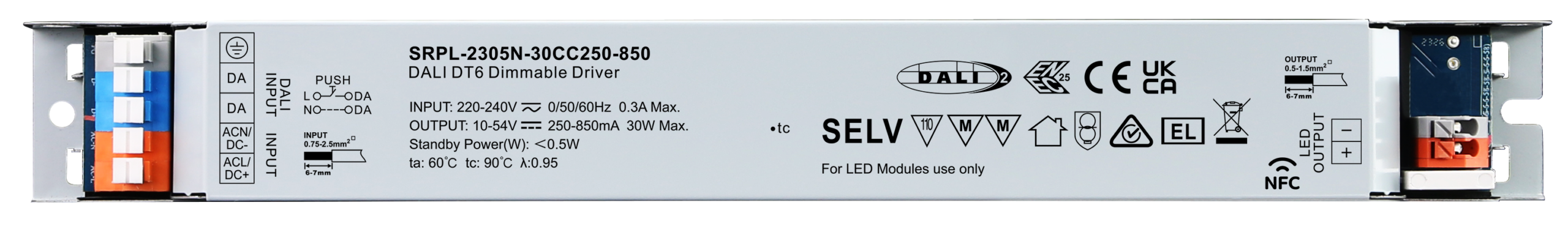 30W DALI DT6 NFC LED Driver (Constant Current) SRPL-2305N-30CC250-850