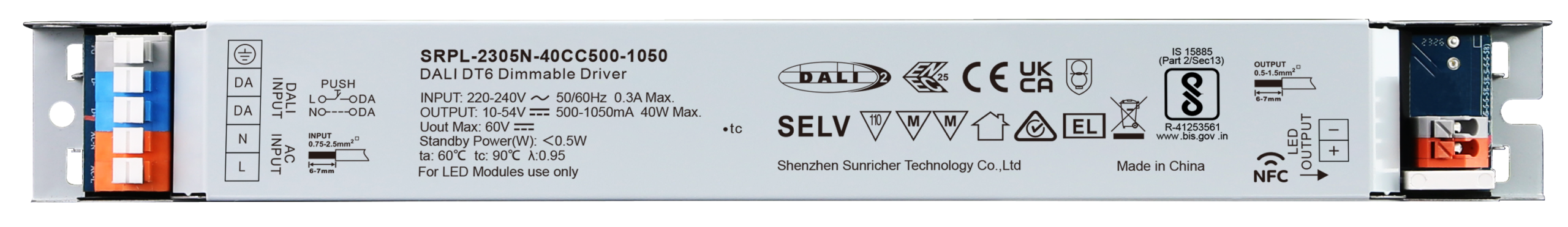 40W DALI DT6 NFC LED Driver (Constant Current) SRPL-2305N-40CC500-1050