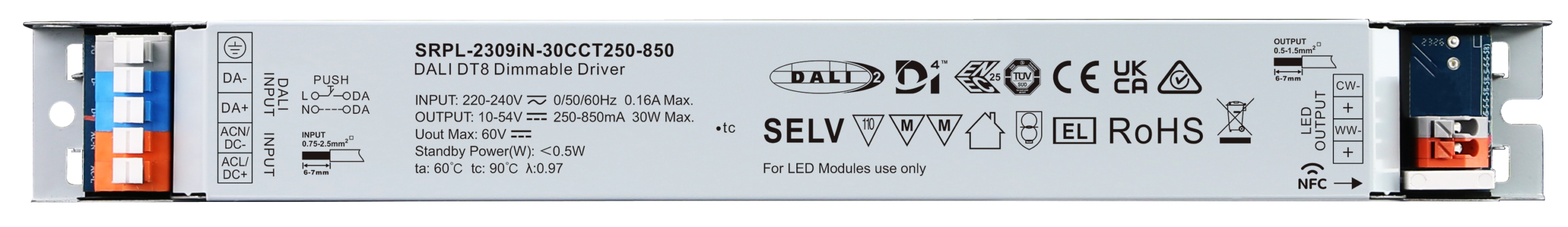 30W DALI D4i DT8 NFC LED Driver (Constant Current) SRPL-2309iN-30CCT250-850