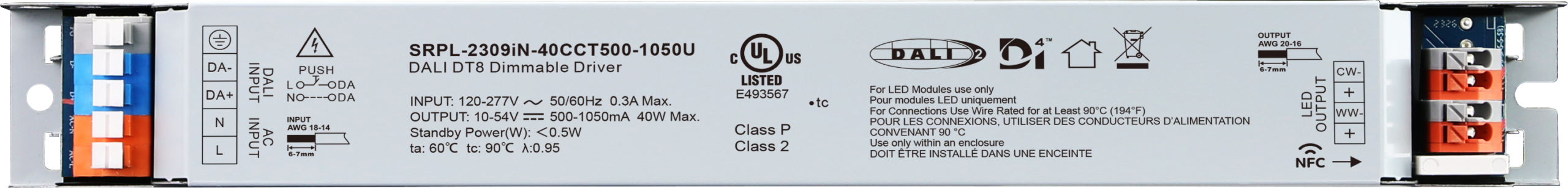 120-277VAC 40W DALI D4i DT8 NFC LED Driver (Constant Current) SRPL-2309iN-40CCT500-1050U