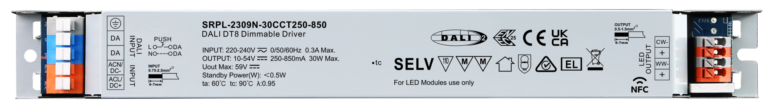 30W DALI DT8 NFC LED Driver (Constant Current) SRPL-2309N-30CCT250-850